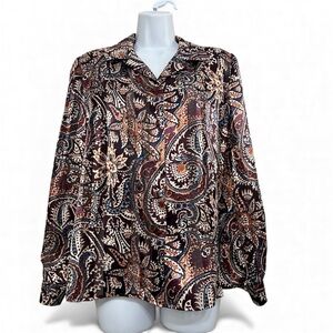Vtg‎ Burgundy Paisley Sheer Button Front Top 8P Satin Boho Retro Fall Layering